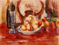 Stillleben Äpfel eine Flasche und Chairback Paul Cezanne